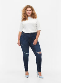 Super slim Amy jeans med slid og høj talje, Dark blue, Model