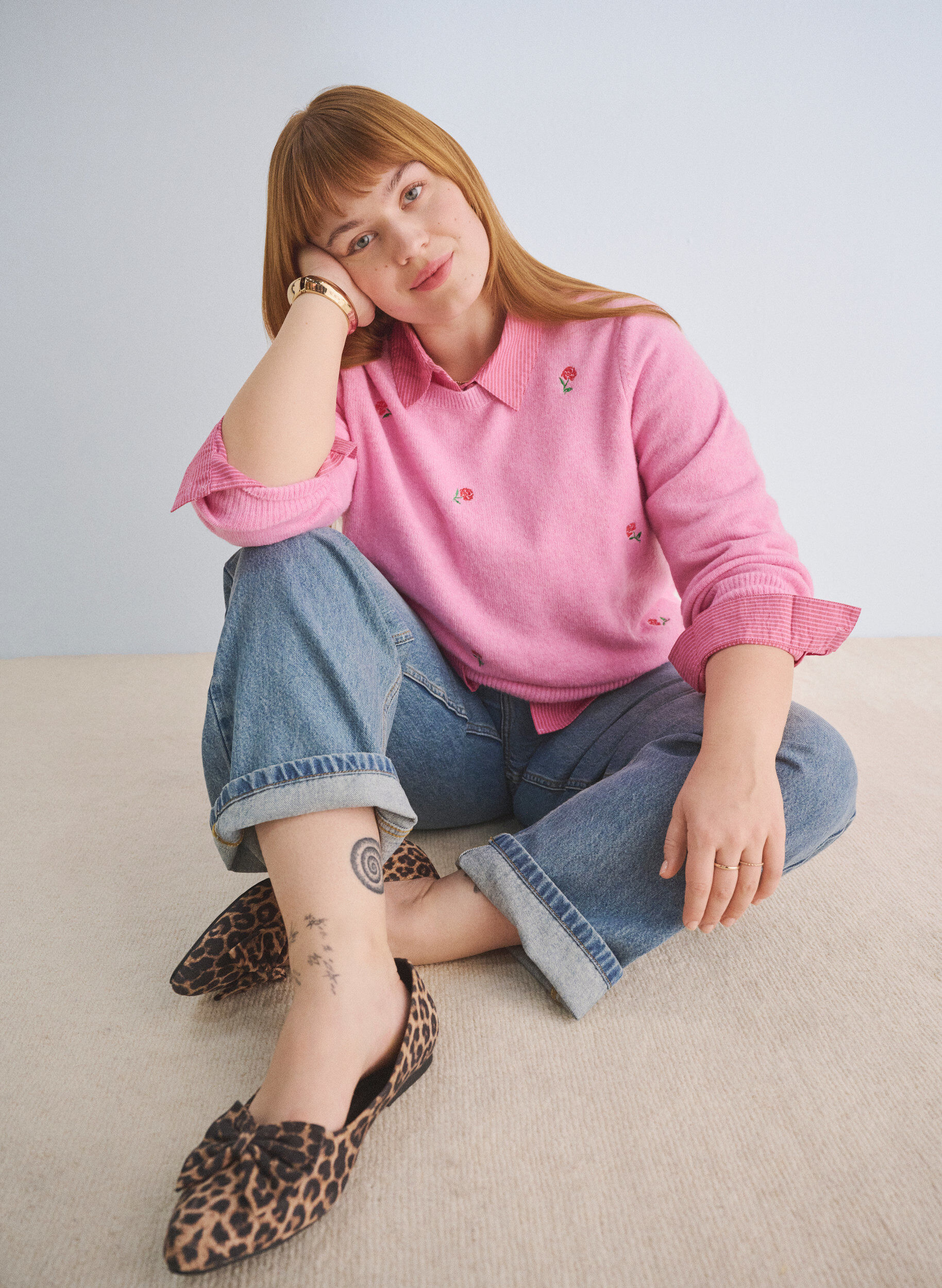 Zizzi Strikbluse med blomster og 3/4 &aelig;rmer, Begonia Pink Mel., Image image number 0