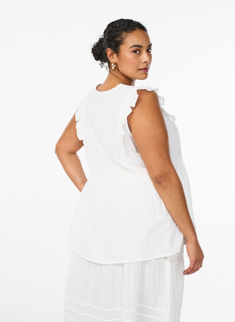 &AElig;rmel&oslash;s bluse i bomuldsmusselin med fl&aelig;ser, Hvid, Model image number 2