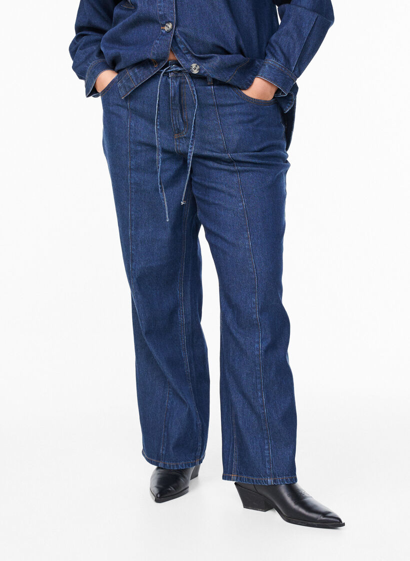 Wide leg jeans med bindebælte og høj talje, Blå, Model image number 2