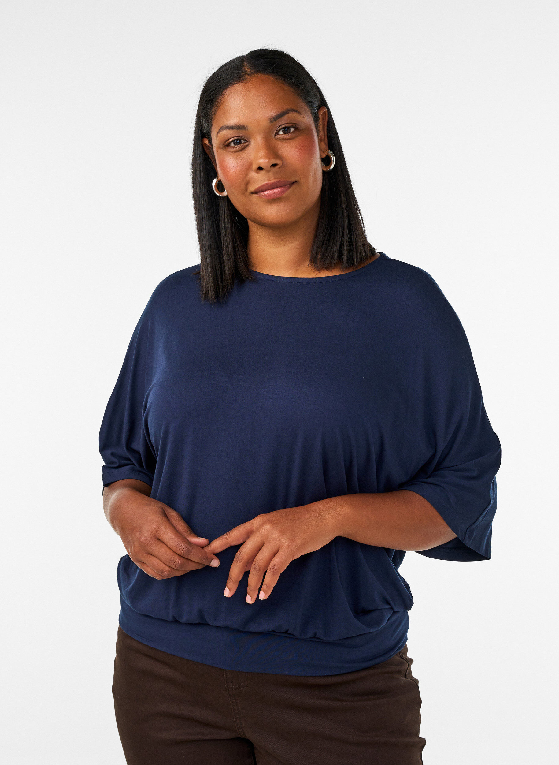ZizziJerseybluse med albuelange &aelig;rmer og balloneffekt, Bl&aring;, Model image number 0