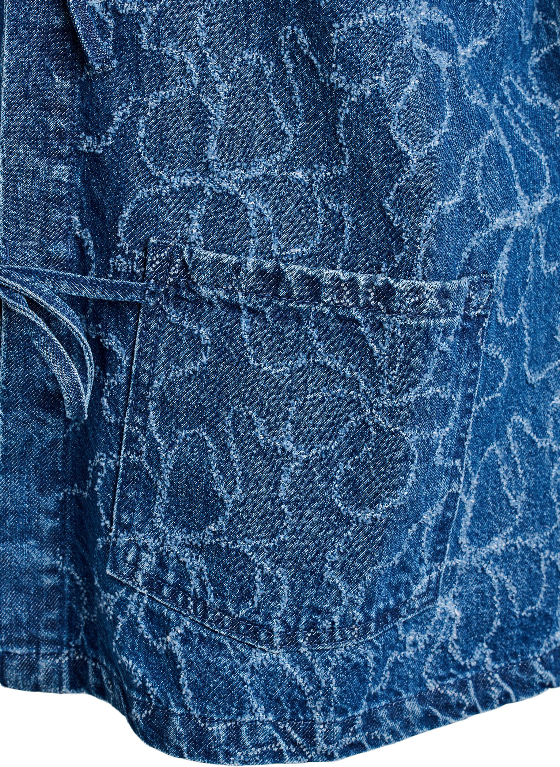 Zizzi Denimjakke med bindelukning og lommer, Blue Denim Destroy, Packshot image number 3