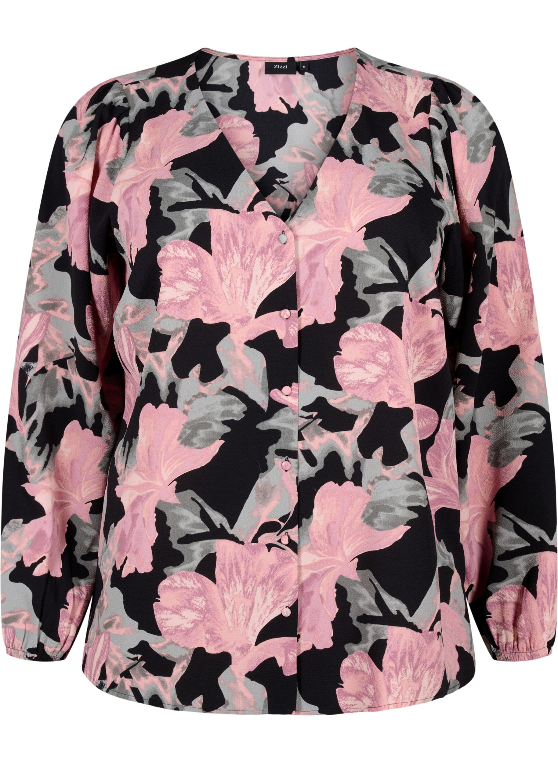 Zizzi Skjortebluse med v-hals og print, Black Pale Mauve Fl., Packshot image number 0