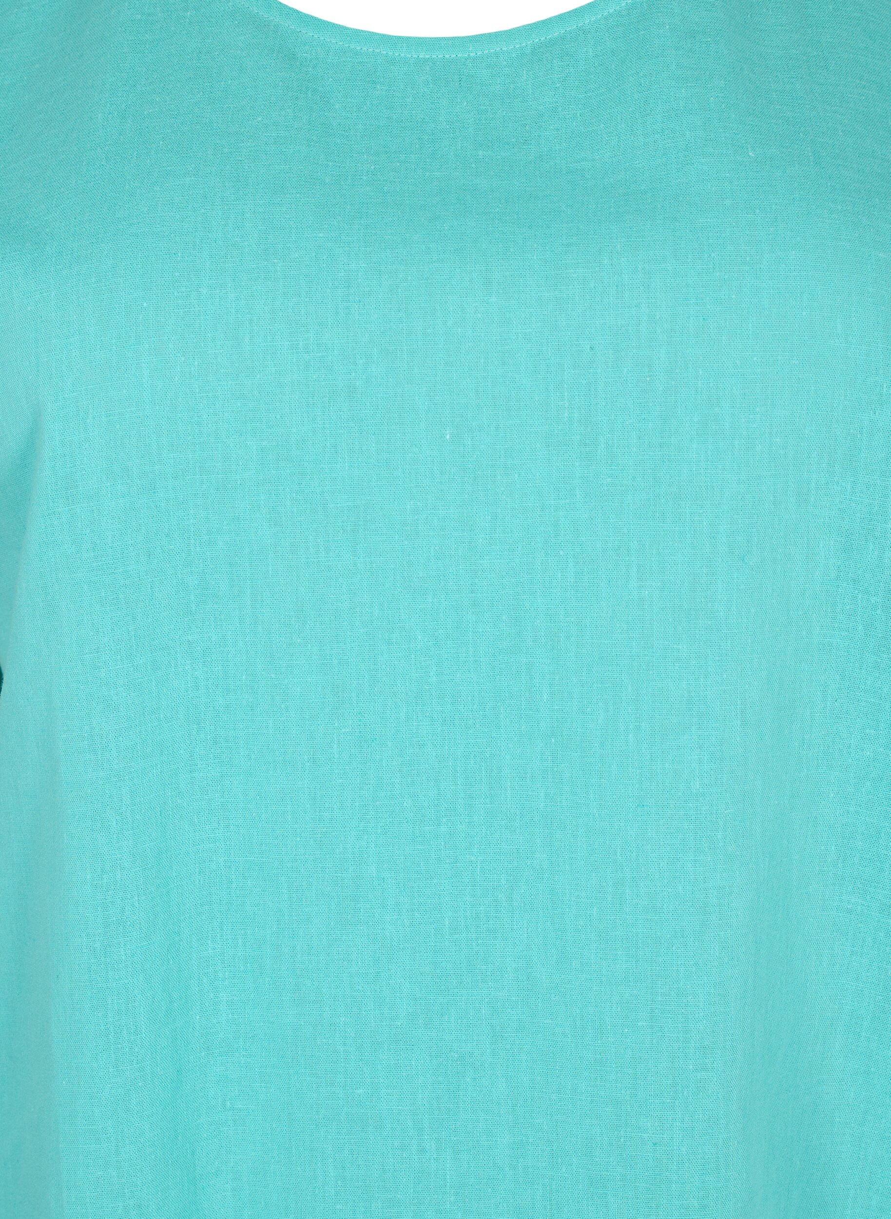 Zizzi Kort&aelig;rmet bluse i bomuldsmix med h&oslash;r, Turquoise, Packshot image number 2
