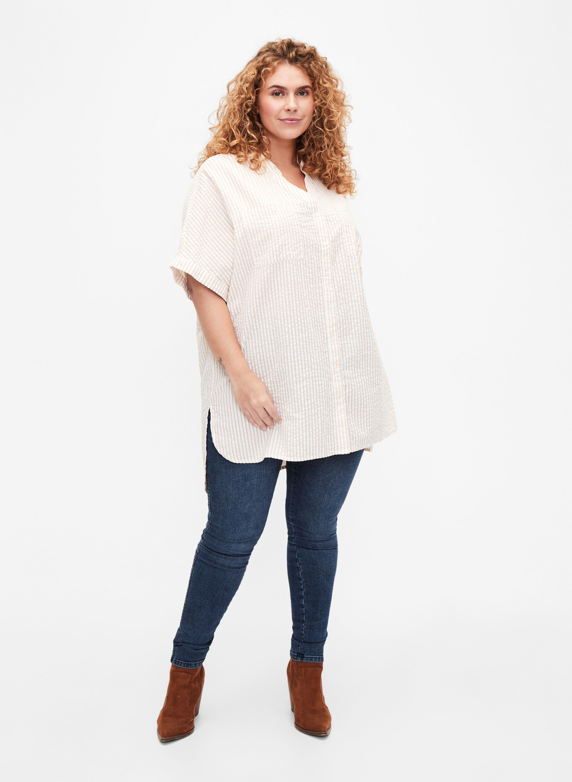 Zizzi Stribet skjorte med brystlommer, Natrual/S. Stripe, Model image number 2