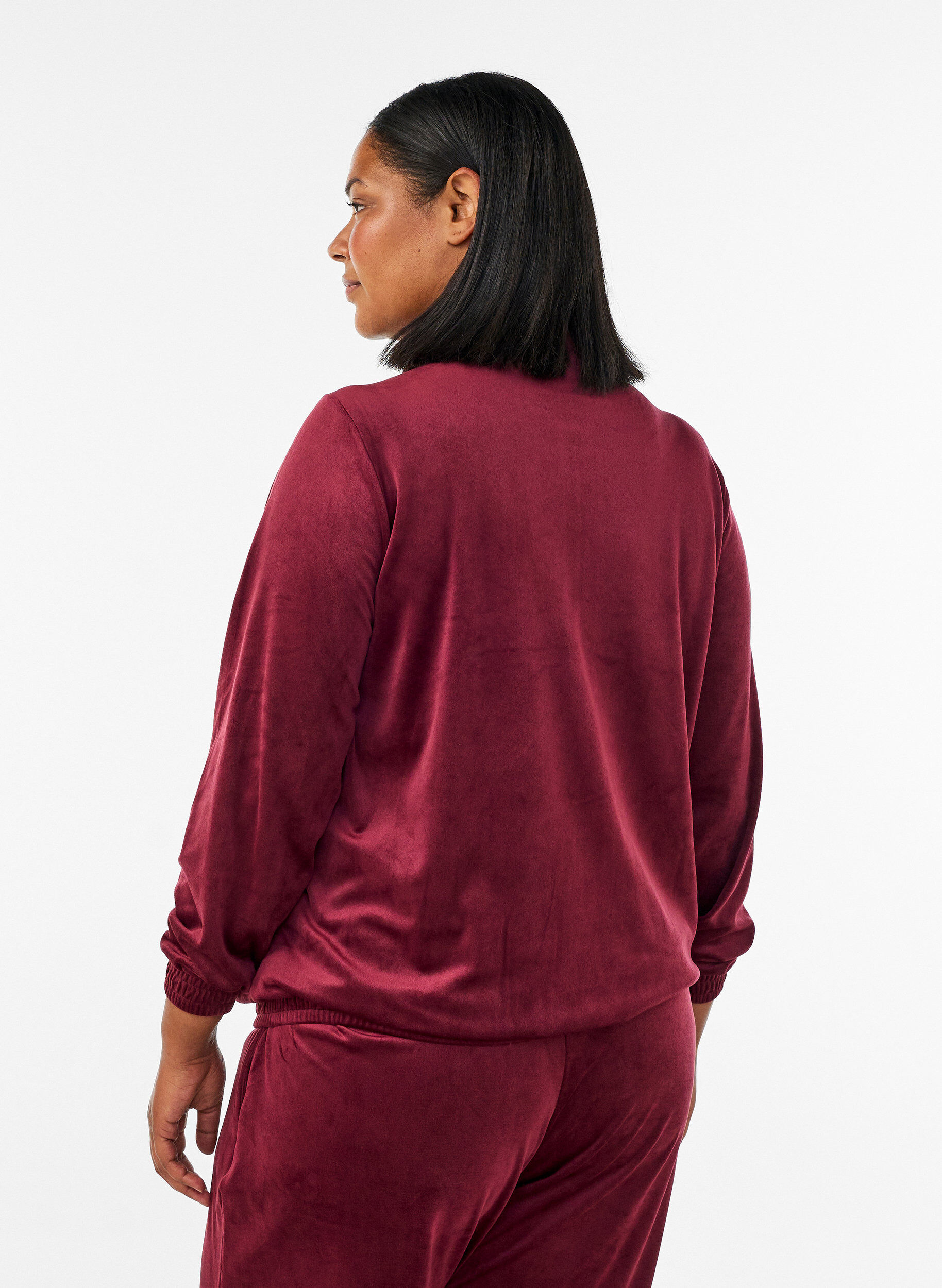 ZizziCardigan i bl&oslash;d velour med lynl&aring;s og h&oslash;j krave, R&oslash;d, Model image number 2