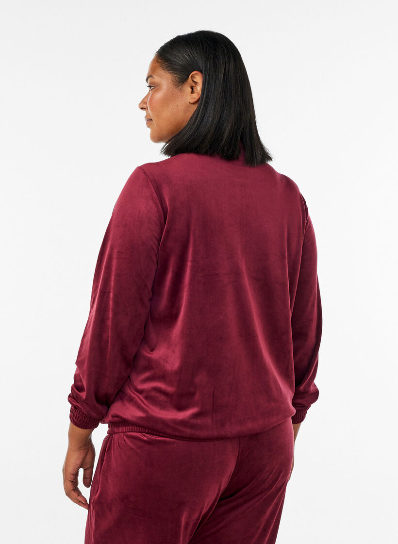 Cardigan i bl&oslash;d velour med lynl&aring;s og h&oslash;j krave, R&oslash;d, Model image number 2
