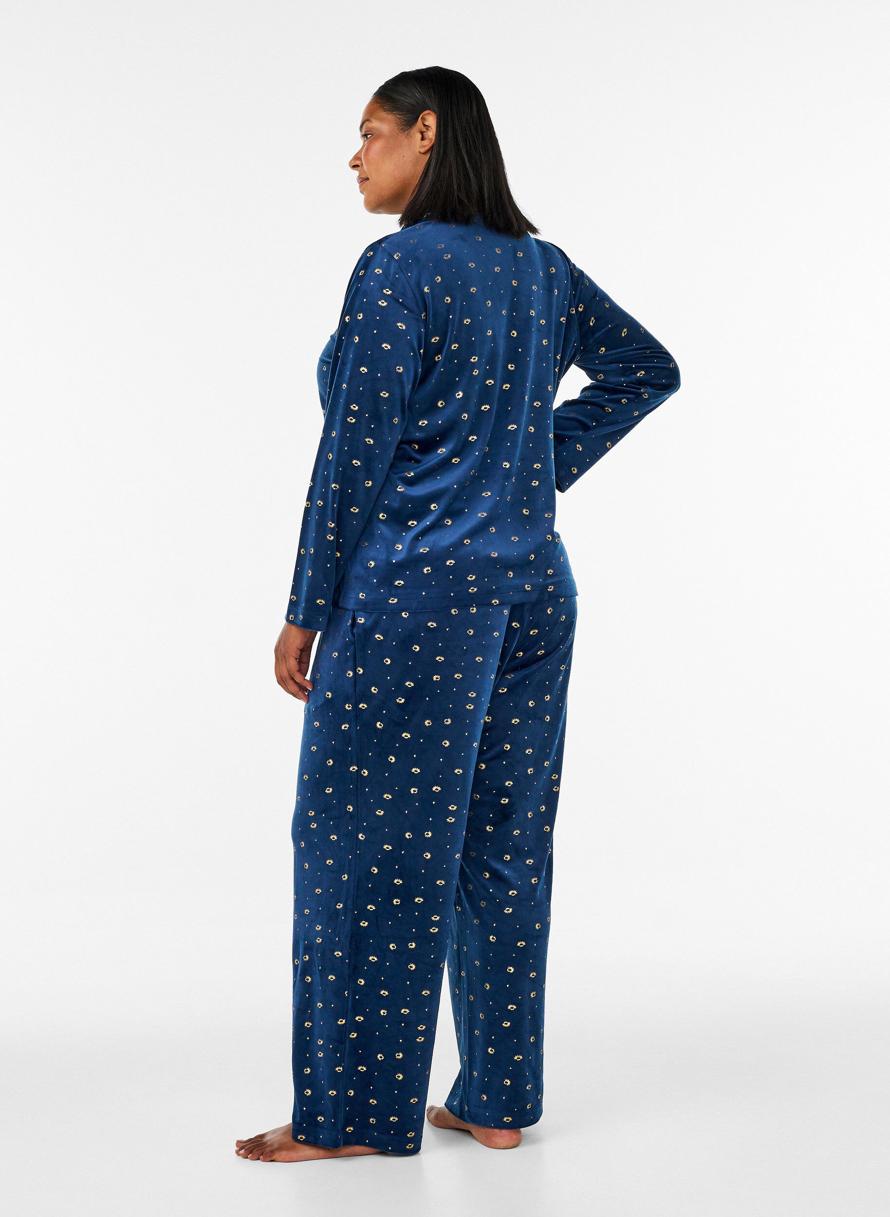ZizziPyjamasbukser i velour med all-over print, Bl&aring;, Model image number 1