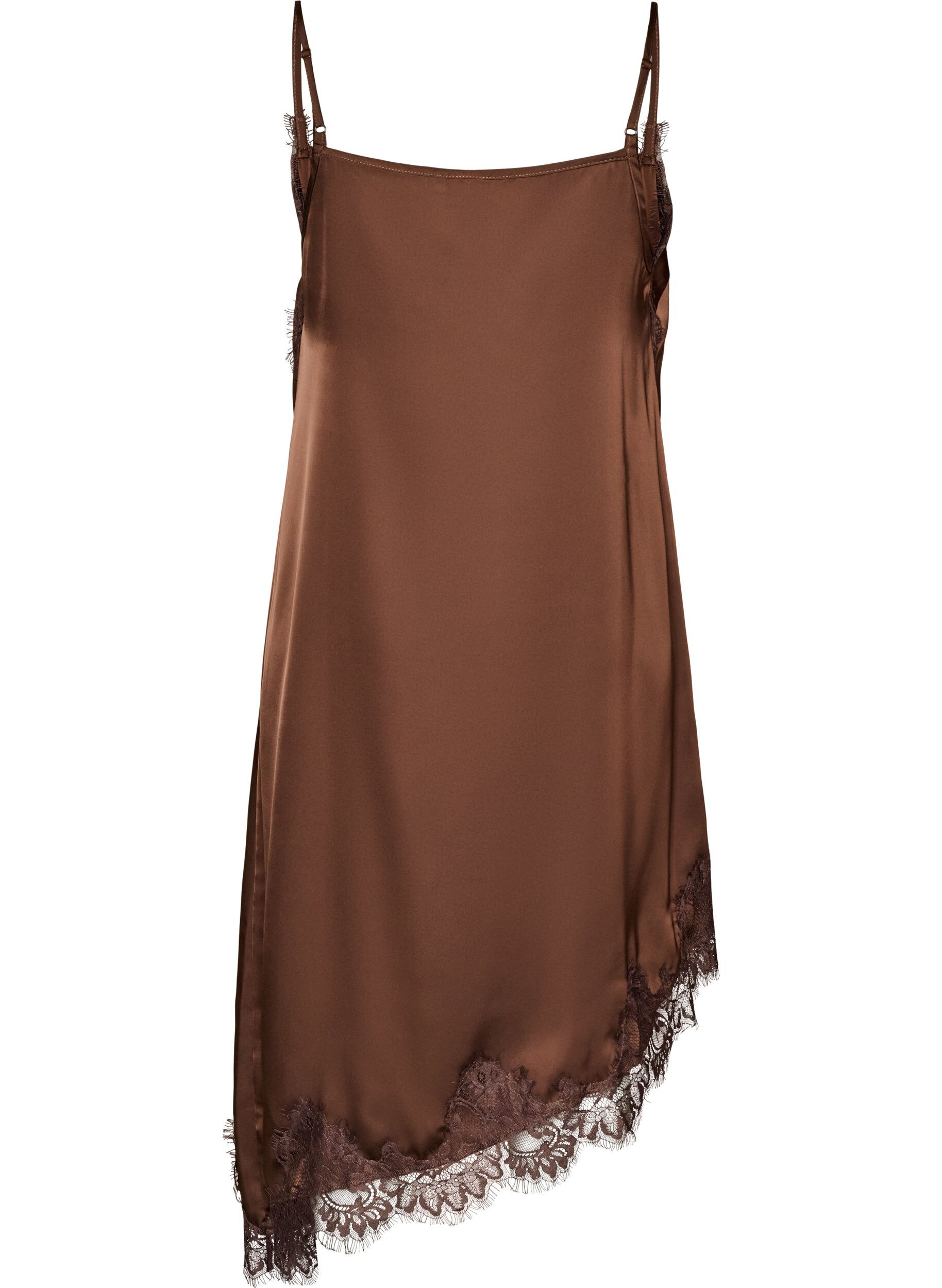 ZizziSatinkjole med blonde og asymmetrisk kant, Brun, Packshot image number 1