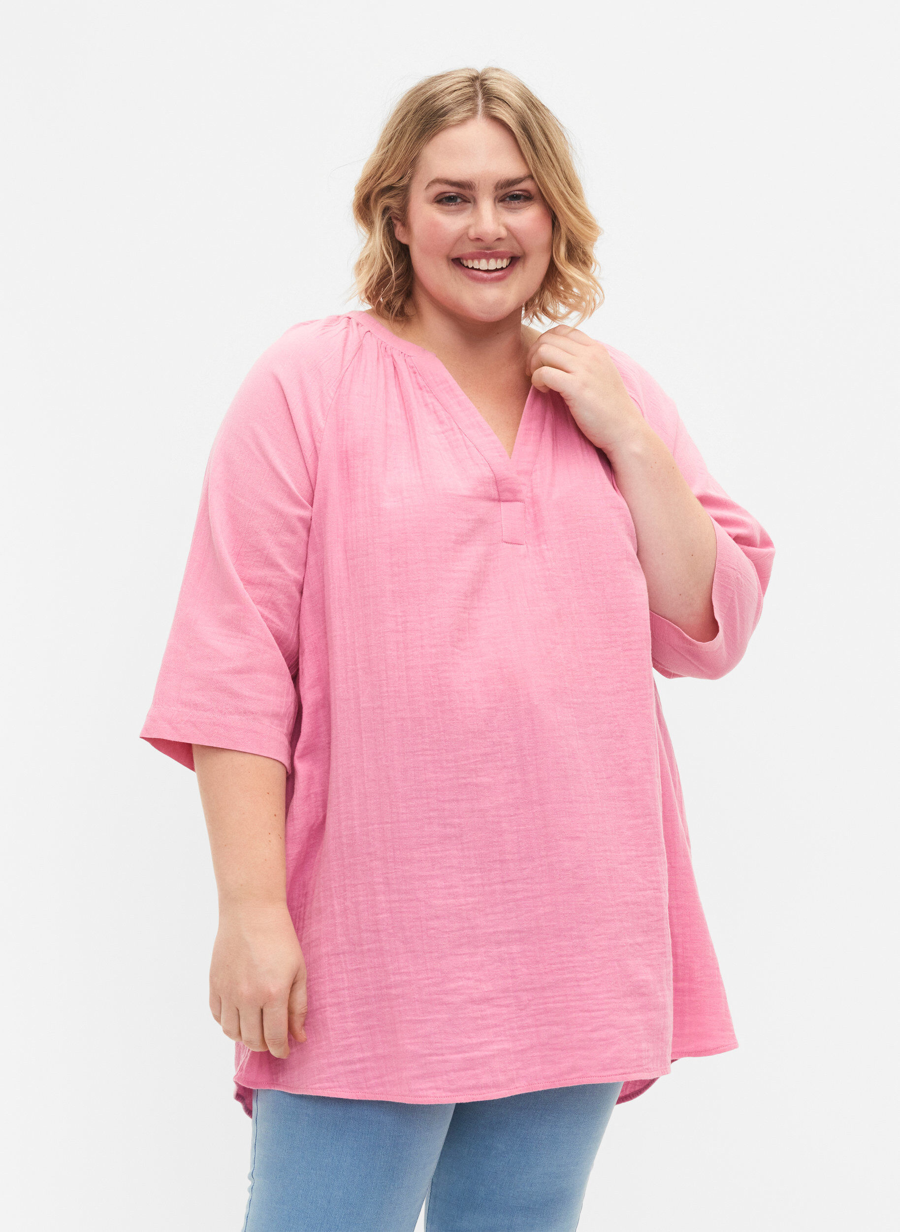 Zizzi 3/4 &aelig;rmet tunika i bomuld, Rosebloom, Model image number 0