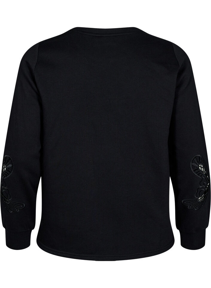 Sweatbluse med broderede udskæringer, Black, Packshot image number 1