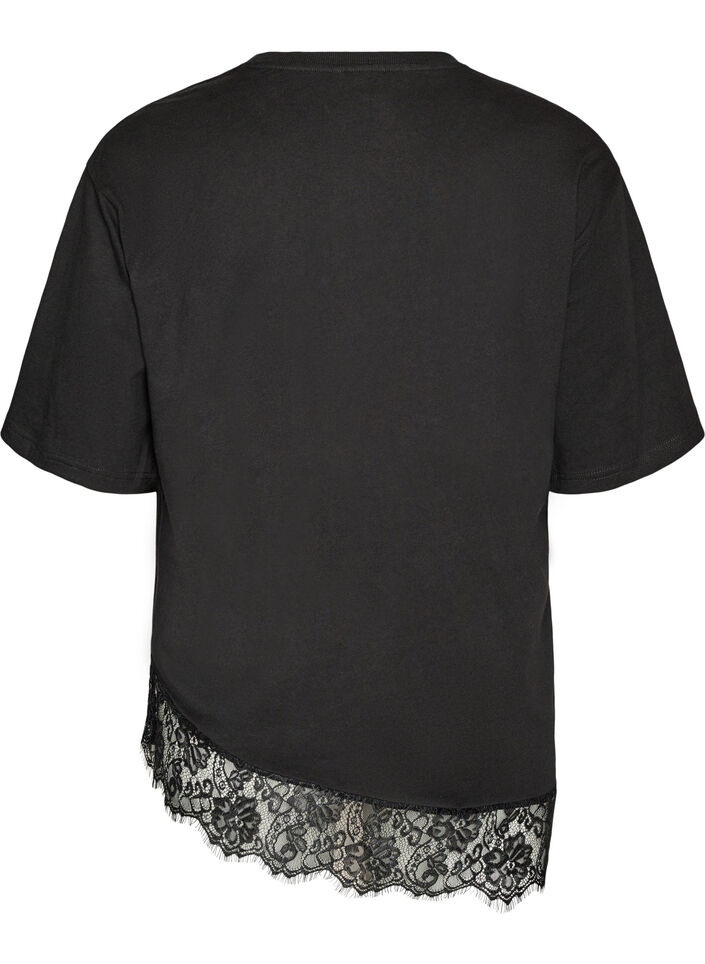 T-shirt med asymmetrisk blondekant, Sort, Packshot image number 1