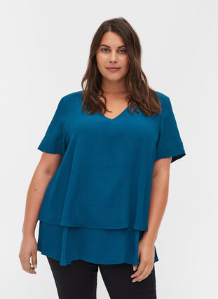 Viskose bluse med 2/4 ærmer og læg, Moroccan Blue, Model image number 0