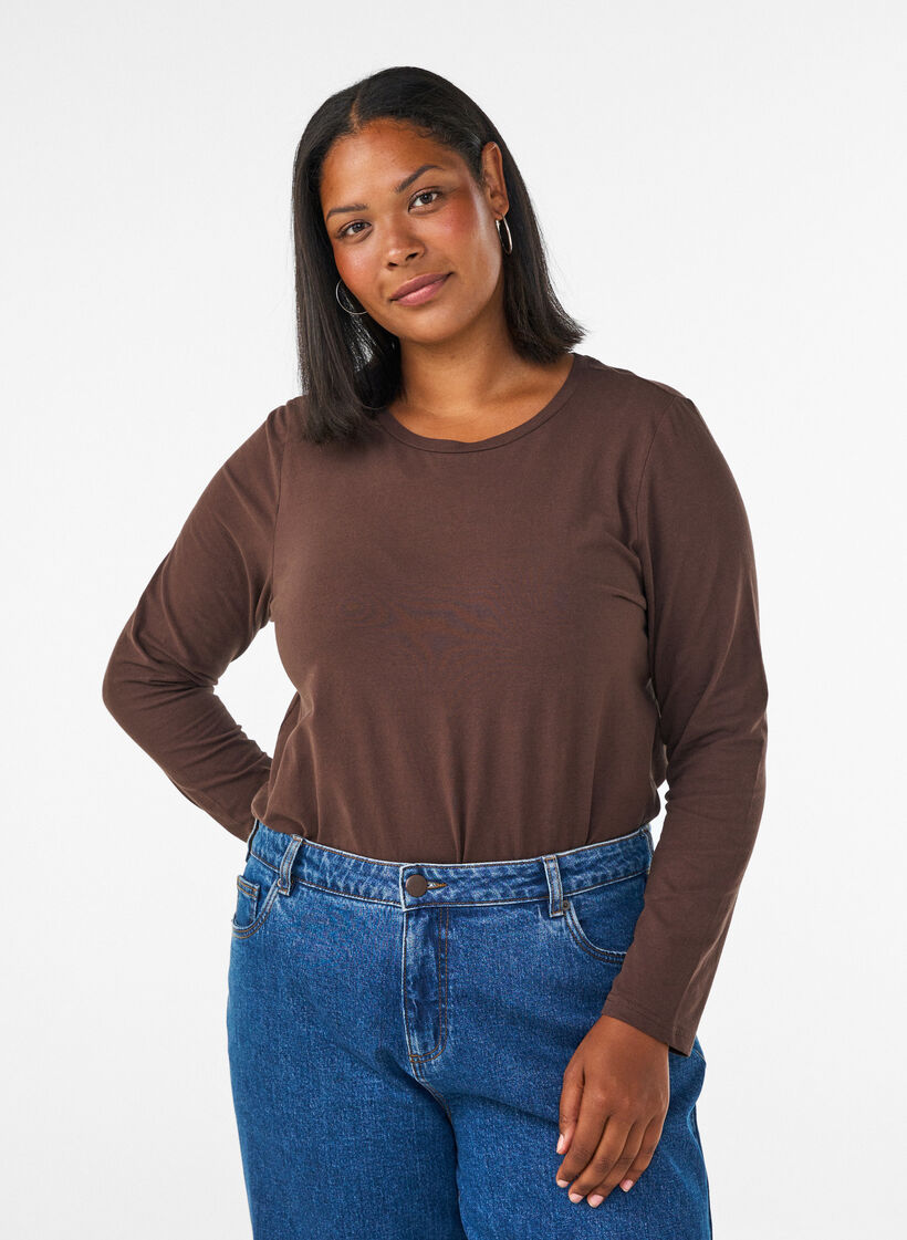 Basis jerseybluse med lange &aelig;rmer, Brun, Model image number 0