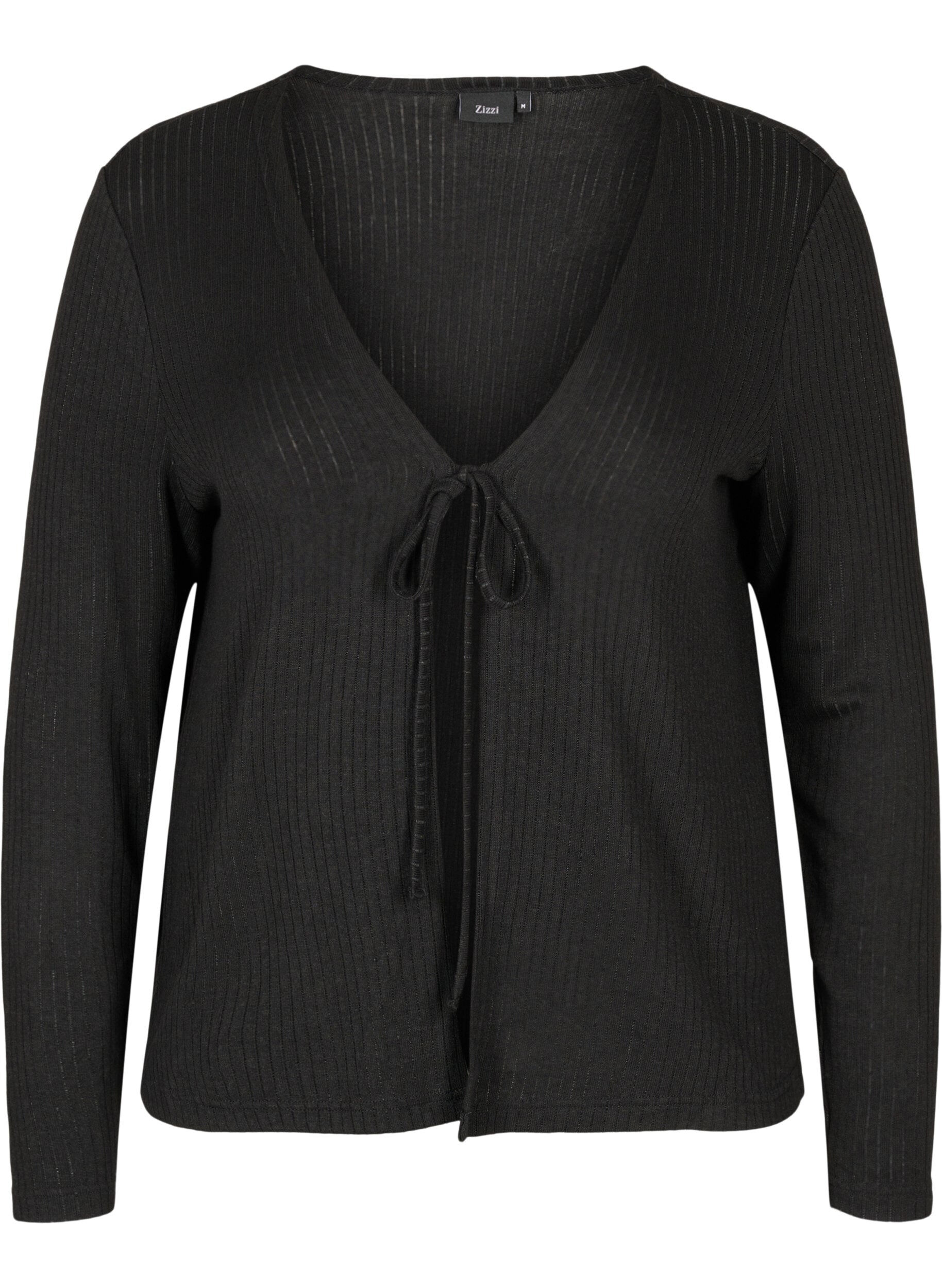 Zizzi Ribbet cardigan med bindesn&oslash;re, Black, Packshot image number 0