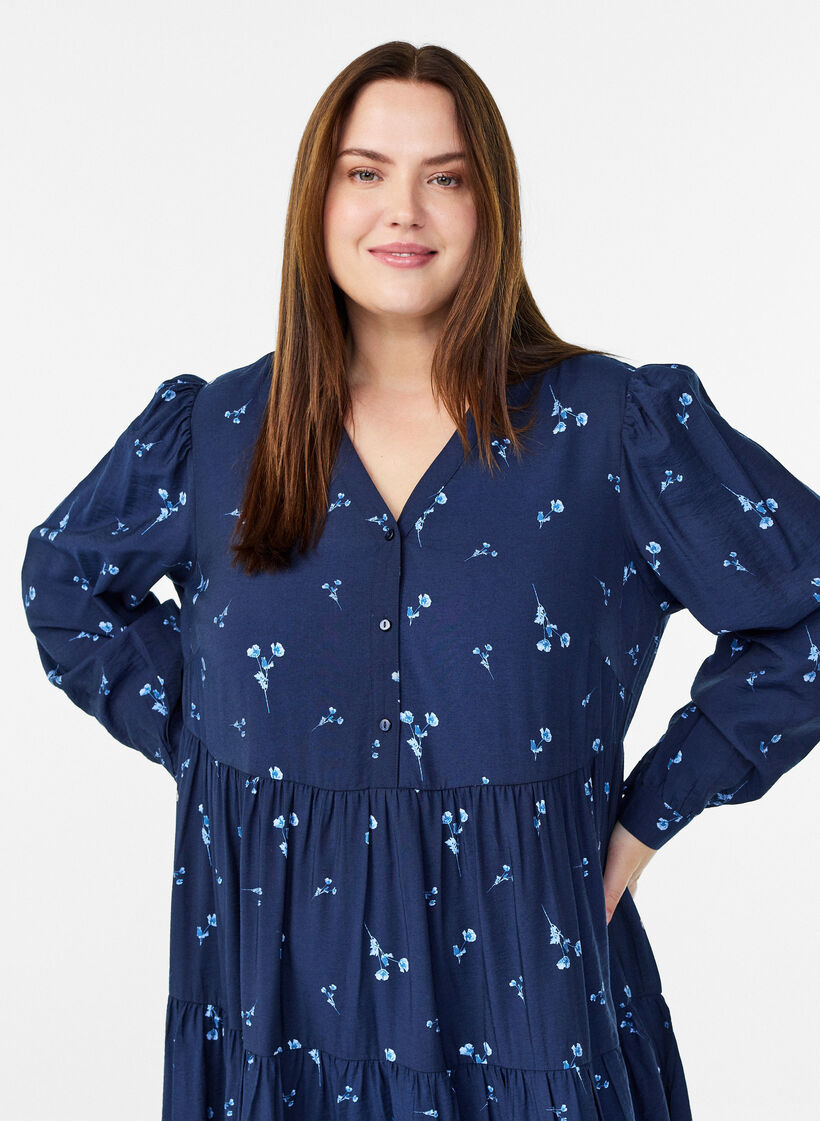 Midikjole med v-udskæring og A-form, Blå, Model image number 2