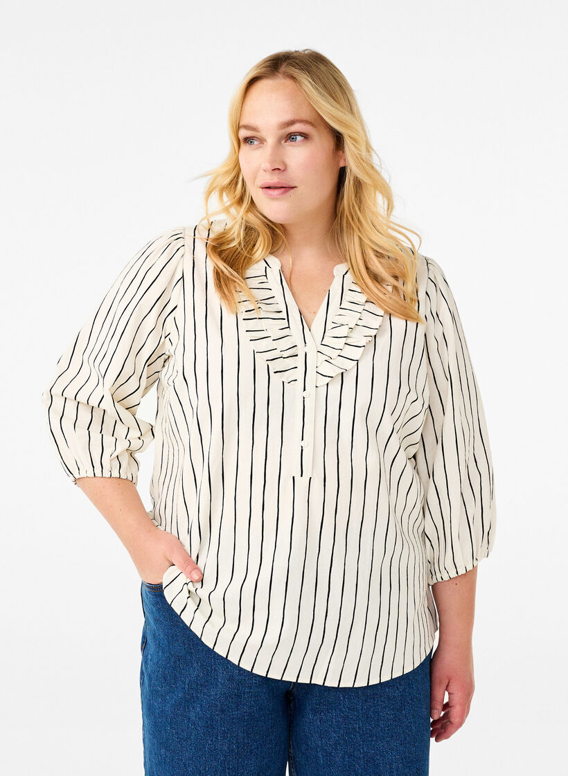 3/4 ærmet bluse i bomuld med striber, Eggnog Black Stripe, Model image number 0