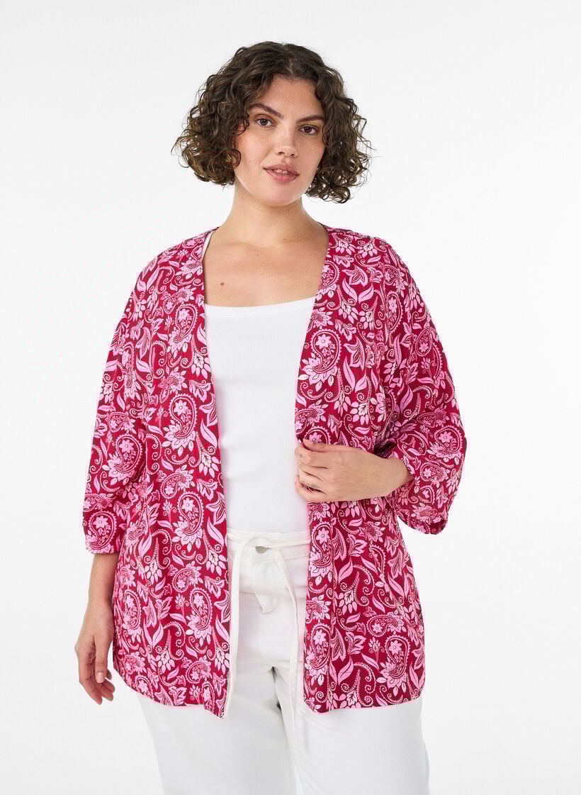 Kort kimono i viskose med 3/4-&aelig;rmer, Lyser&oslash;d, Model image number 0