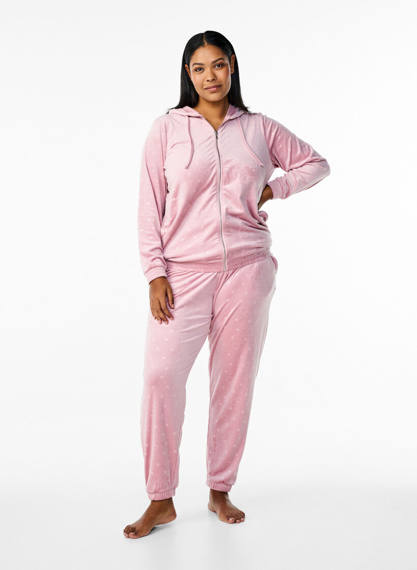 Velour cardigan med h&aelig;tte og lommer, Lyser&oslash;d, Model image number 1