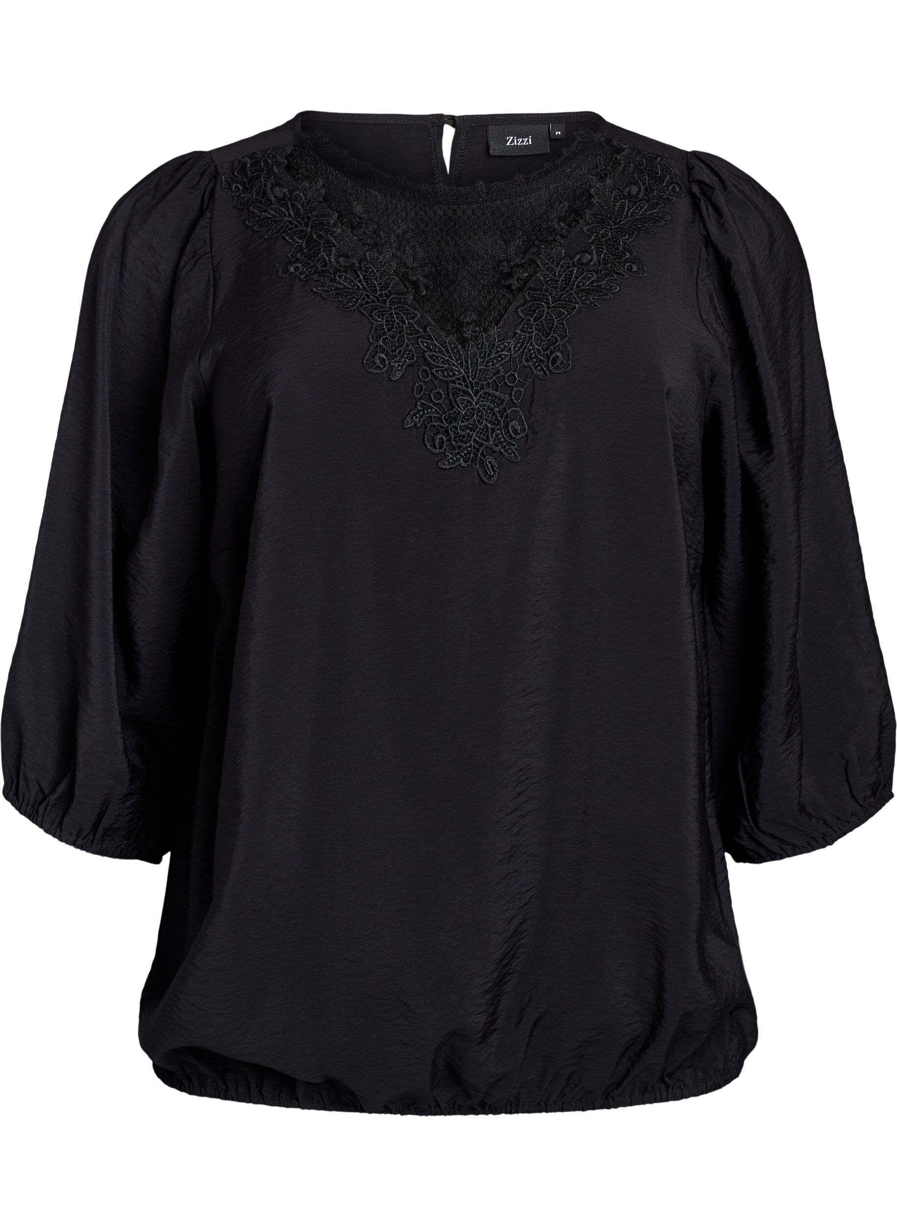 ZizziBluse med 3/4 &aelig;rmer og blondedetalje, Sort, Packshot image number 0