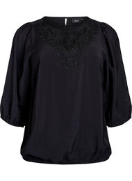 Bluse med 3/4 &aelig;rmer og blondedetalje, Sort