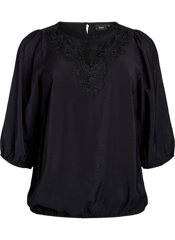 Bluse med 3/4 &aelig;rmer og blondedetalje, Sort, Packshot image number 0