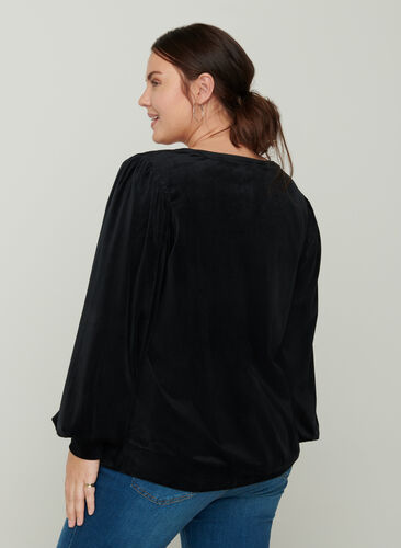 Velour bluse med lange pufærmer, Black, Model image number 1