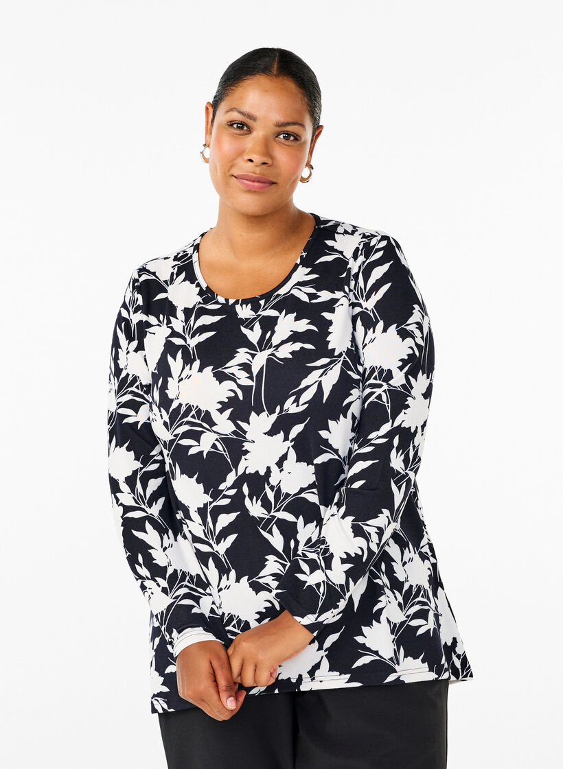 Blomstret bluse med lange ærmer, Blå, Model image number 0