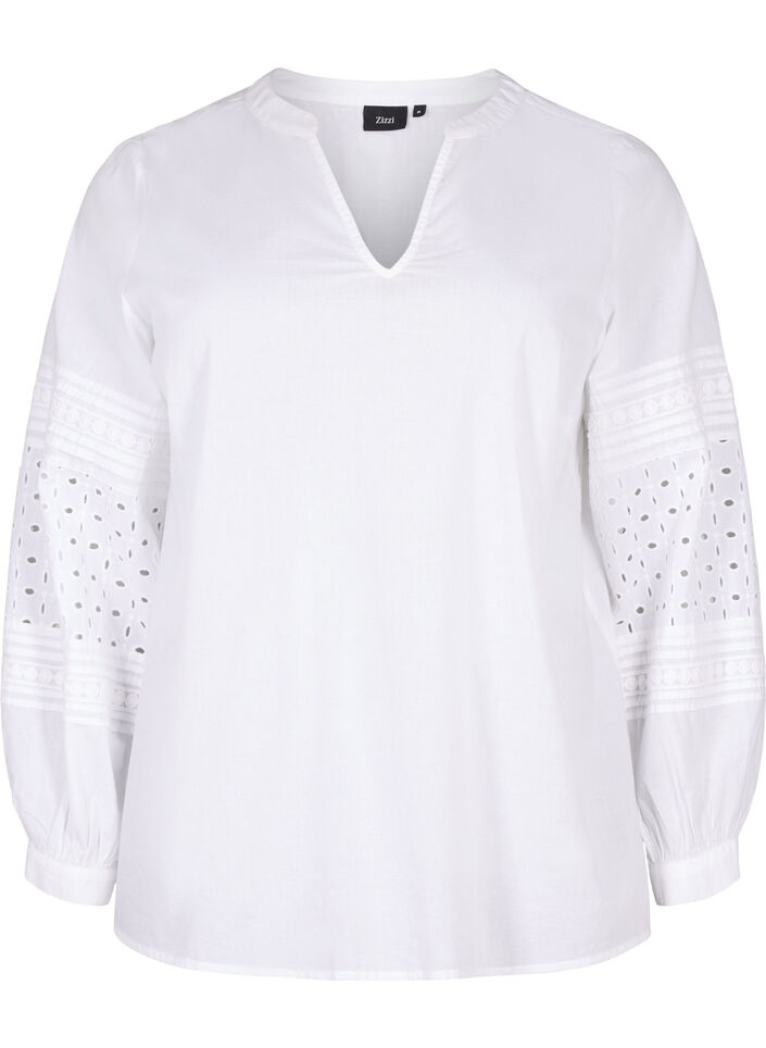 Bluse med lange ærmer og dekorative detaljer, Bright White, Packshot image number 0