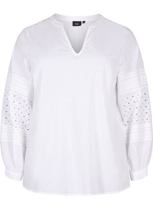 Bluse med lange ærmer og dekorative detaljer, Bright White, Packshot image number 0