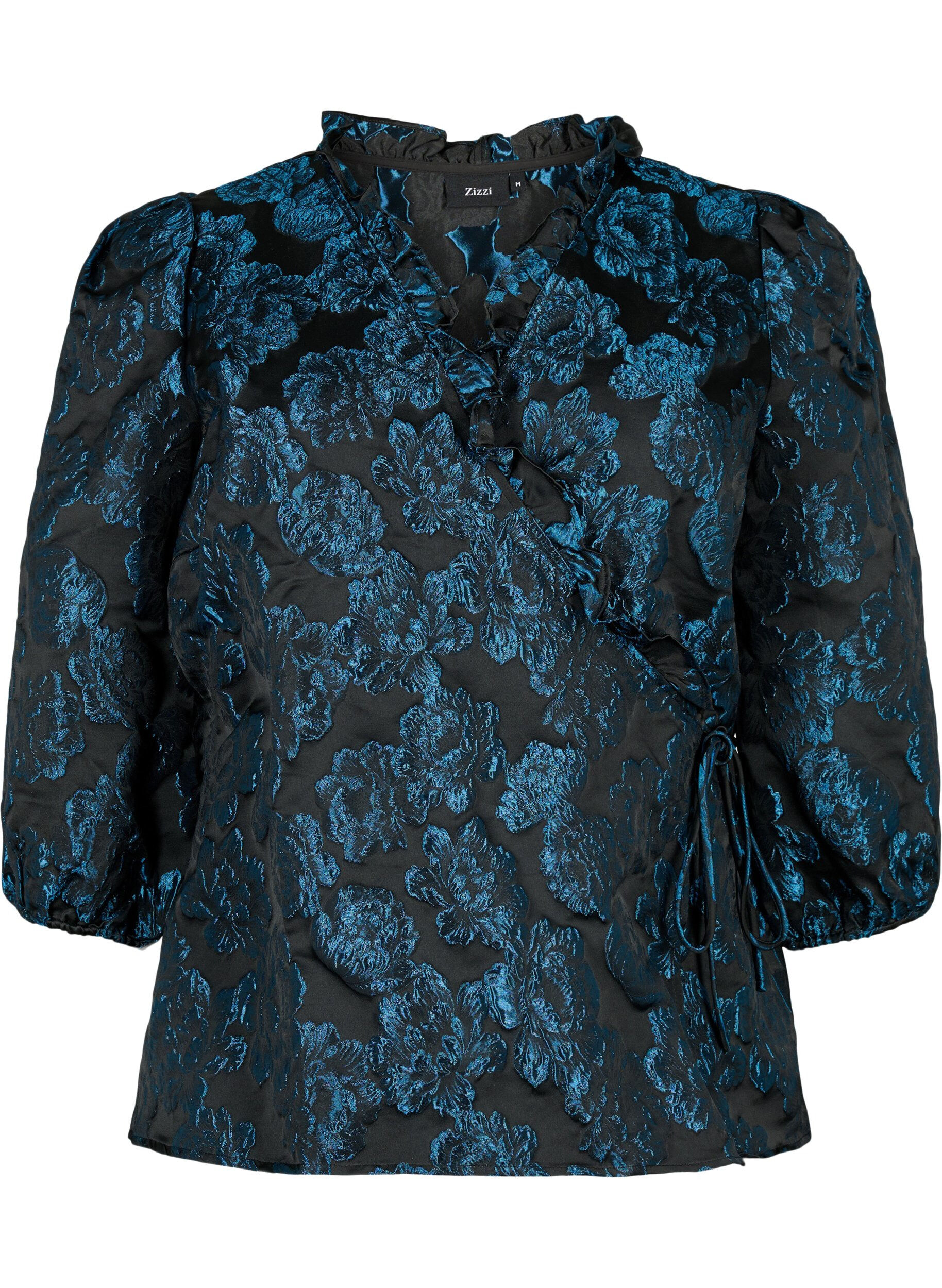 Zizzi Wrapbluse i jacquard med 3/4 &aelig;rmer, Black Blue, Packshot image number 0