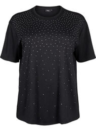 T-shirt med rhinsten og rund hals, Sort