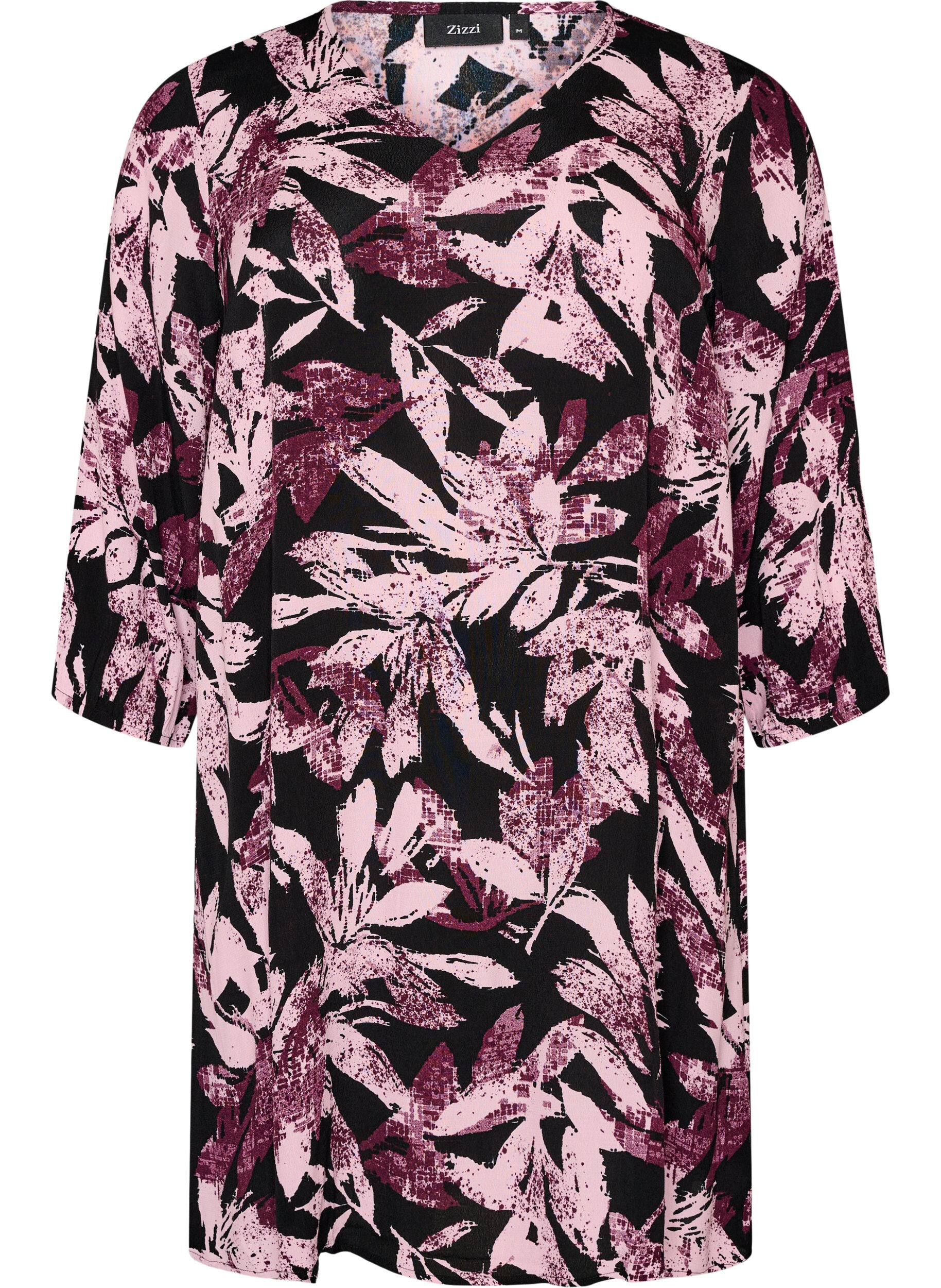 ZizziKort kjole i viskose med blomsterprint og 3/4 &aelig;rmer, Sort, Packshot image number 0