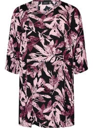 Kort kjole i viskose med blomsterprint og 3/4 &aelig;rmer, Sort