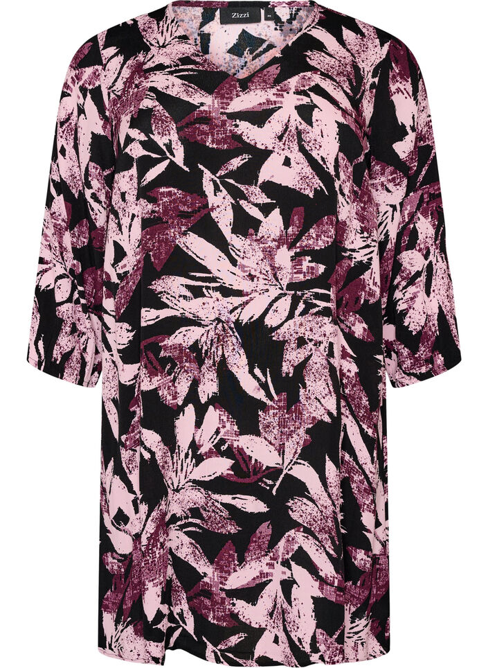 Kort kjole i viskose med blomsterprint og 3/4 &aelig;rmer, Sort, Packshot image number 0