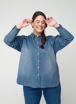 Denimskjorte med pufærmer, Blue denim, Model image number 2