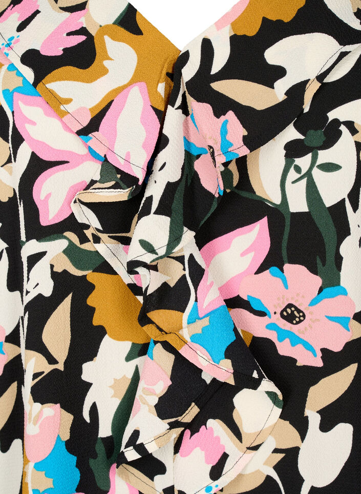 Printet bluse med flæser , Black Multi Flower, Packshot image number 2