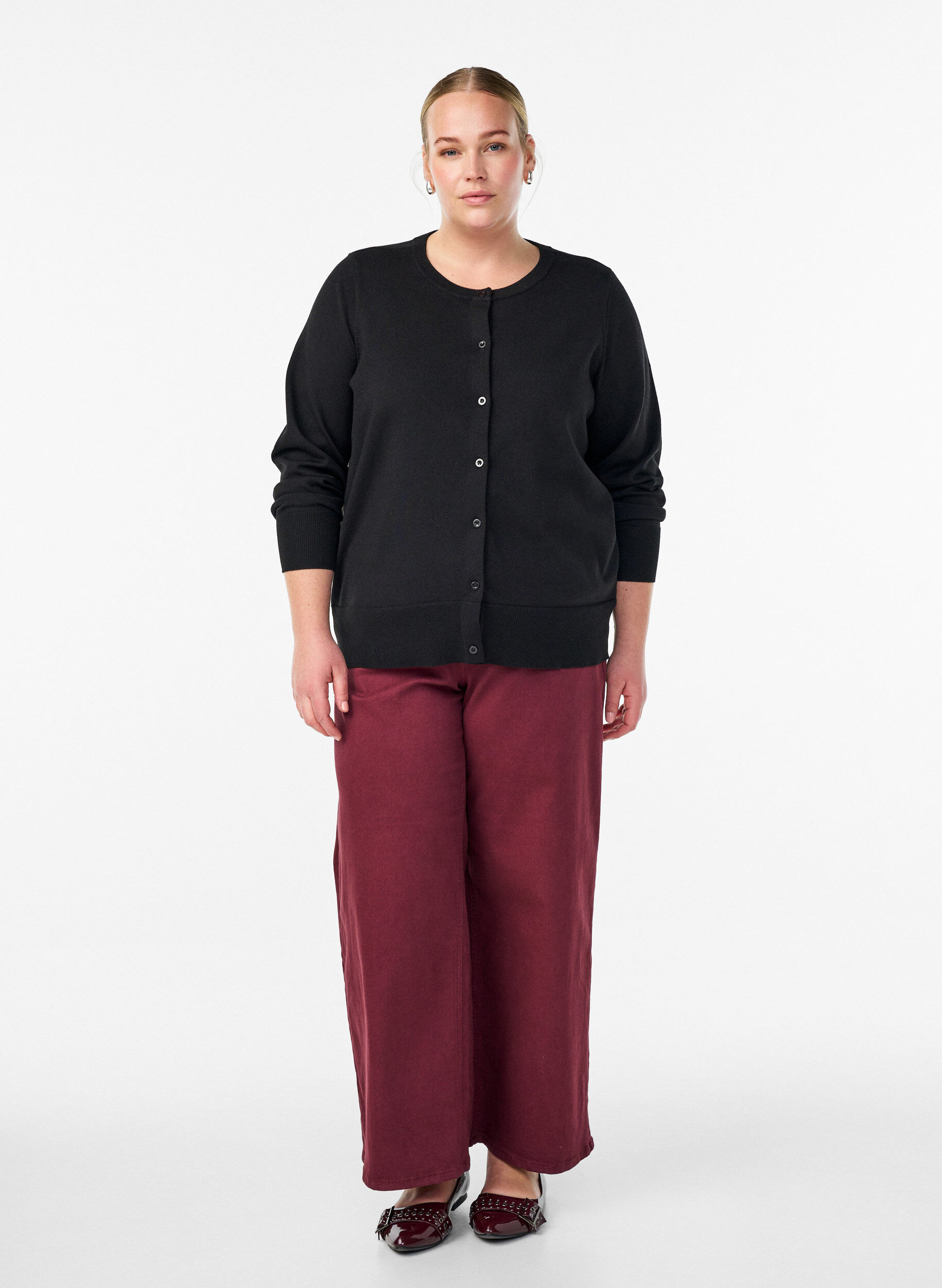 Zizzi FLASH - Finstrikket cardigan med rund hals, Sort, Model image number 1