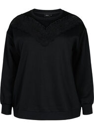 Sweatshirt med flæse og crochet detalje, Black