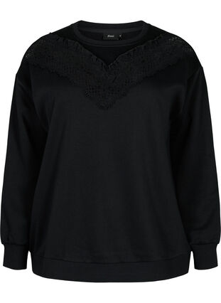 Sweatshirt med flæse og crochet detalje, Black, Packshot image number 0