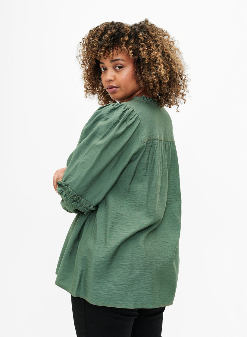 Bluse med flæser, Duck Green, Model image number 1