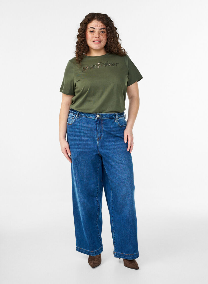 Bomulds t-shirt med dekorativ frontdetalje, Gr&oslash;n, Model image number 1