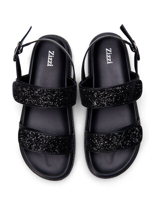 Glitter sandal med velcrolukning og bred pasform, Black Glitter, Packshot image number 2