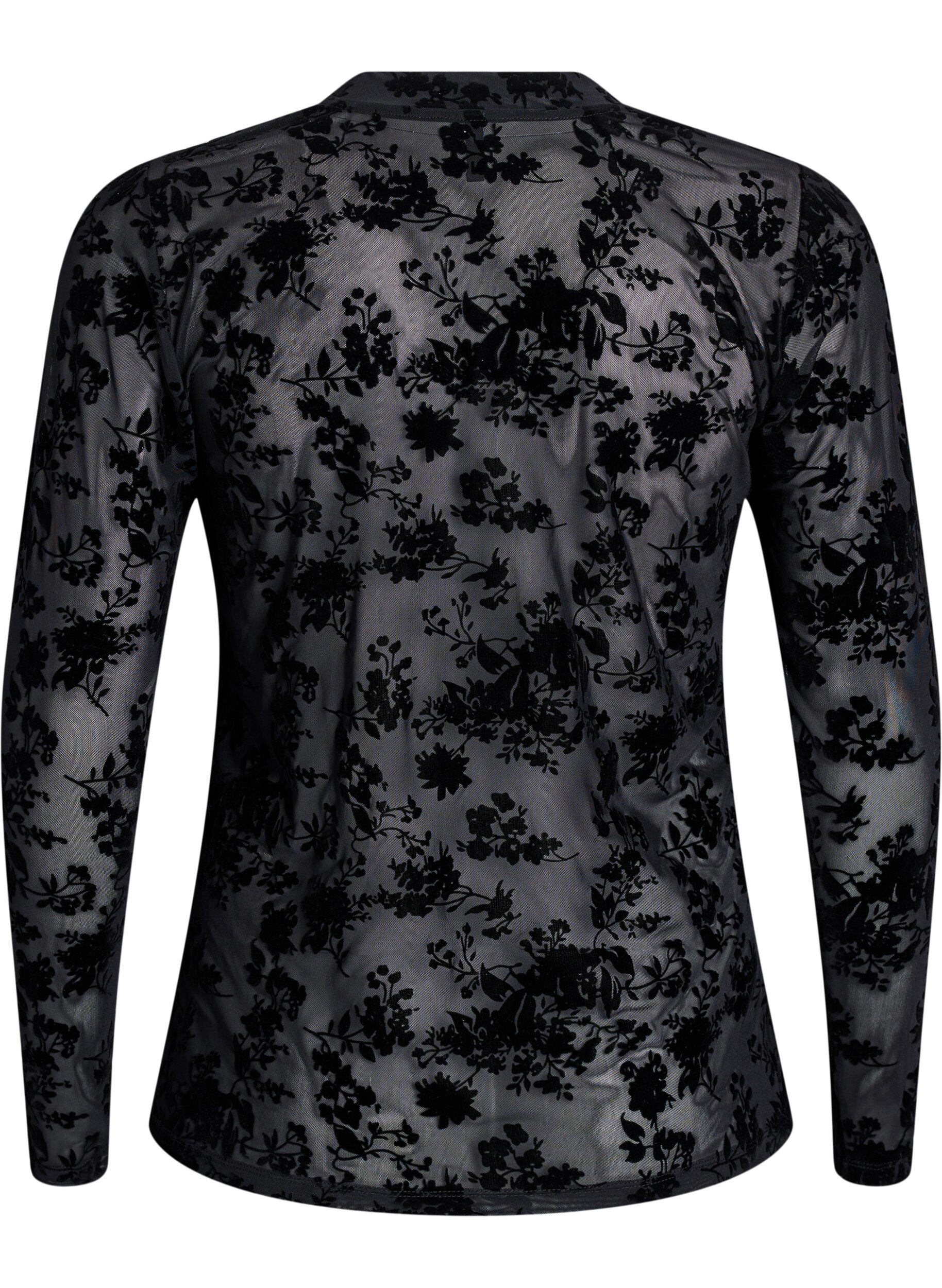 ZizziMeshbluse med blomsterm&oslash;nster, Sort, Packshot image number 1