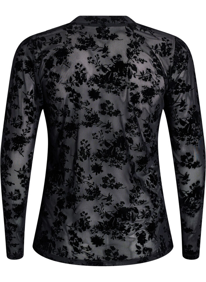 Meshbluse med blomsterm&oslash;nster, Sort, Packshot image number 1