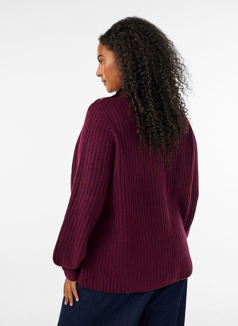 Ribstrikket sweater med ballon&aelig;rmer og knapper, M&oslash;rk Bordeaux, Model image number 2