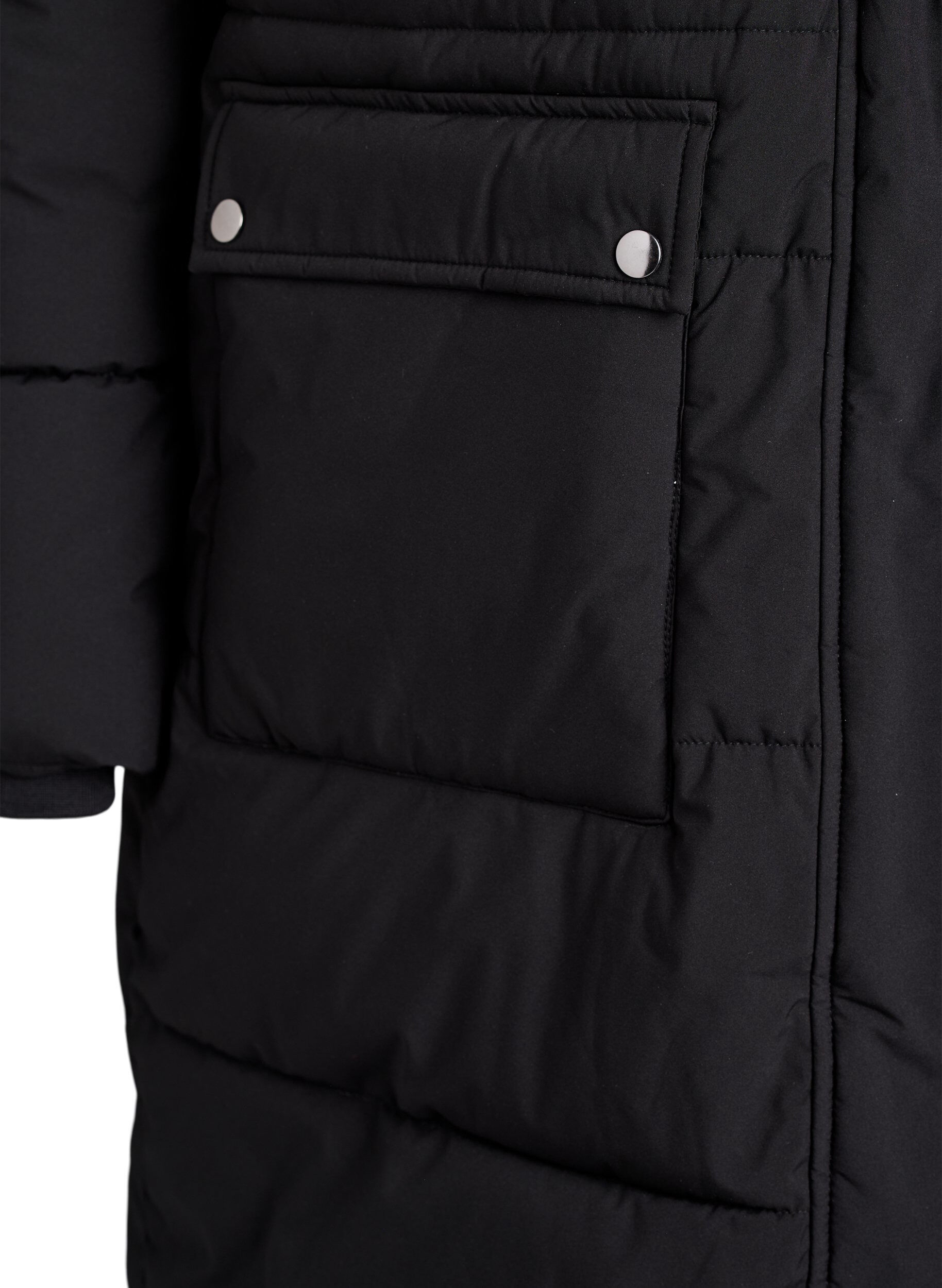 Zizzi Vandafvisende parka med h&aelig;tte og imiteret pelskant, Sort, Packshot image number 3