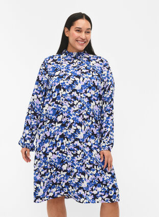 FLASH - Langærmet kjole med print, Blue Purple Flower, Model image number 0