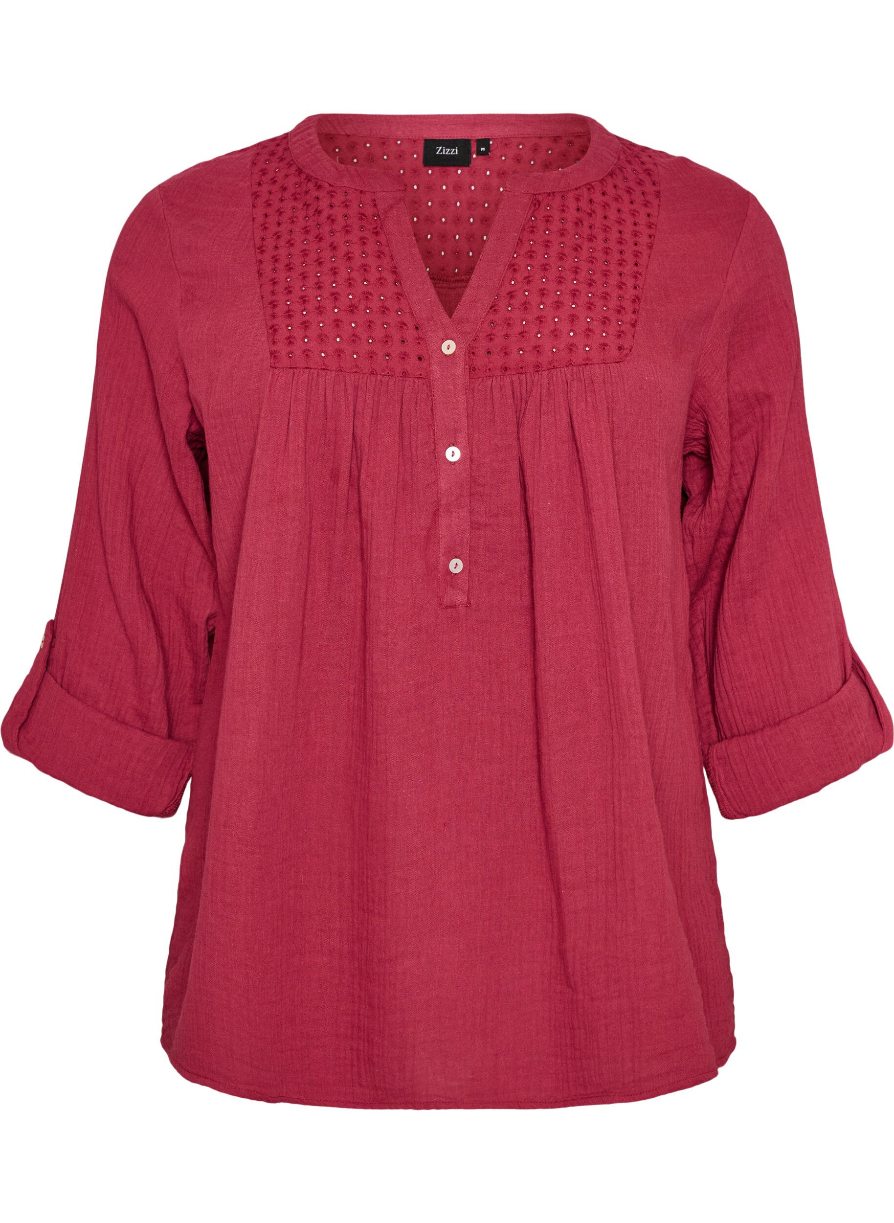 ZizziBluse i bomuldsmusselin med broderi anglaise, R&oslash;d, Packshot image number 0