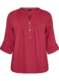 Bluse i bomuldsmusselin med broderi anglaise, R&oslash;d